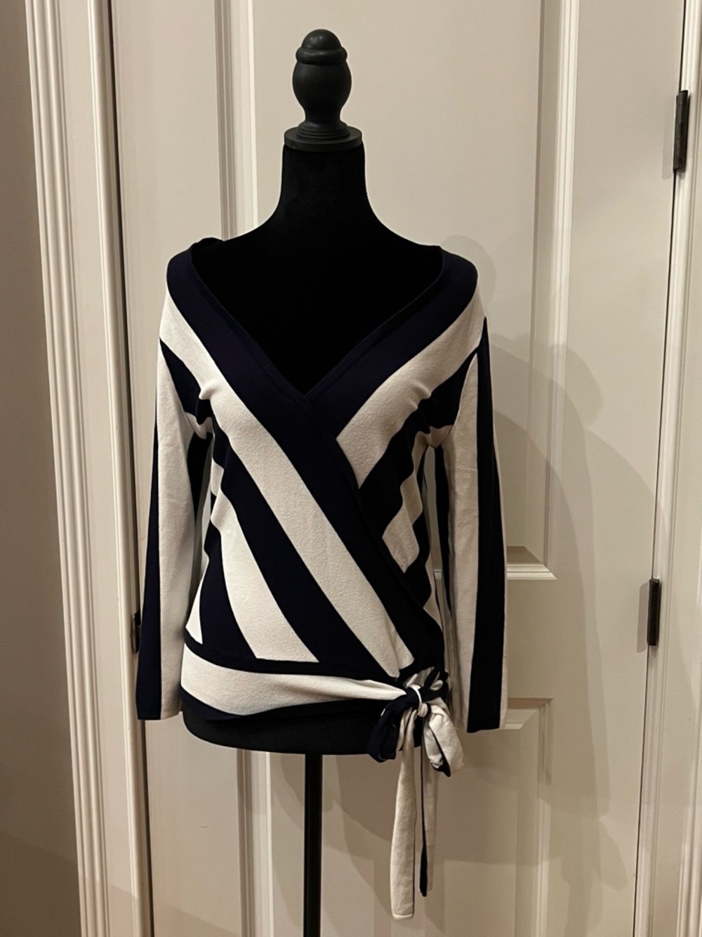 New York & Company Navy and White Wrap V-Neck Sweater with Side Tie